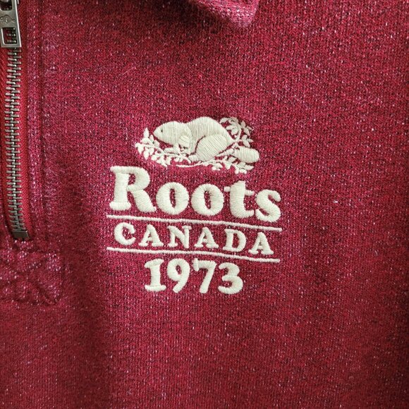 Roots Womens Quarter Zip Sweatshirt Medium Red Speckled Embroidered Logo Cuffs - Picture 5 of 12